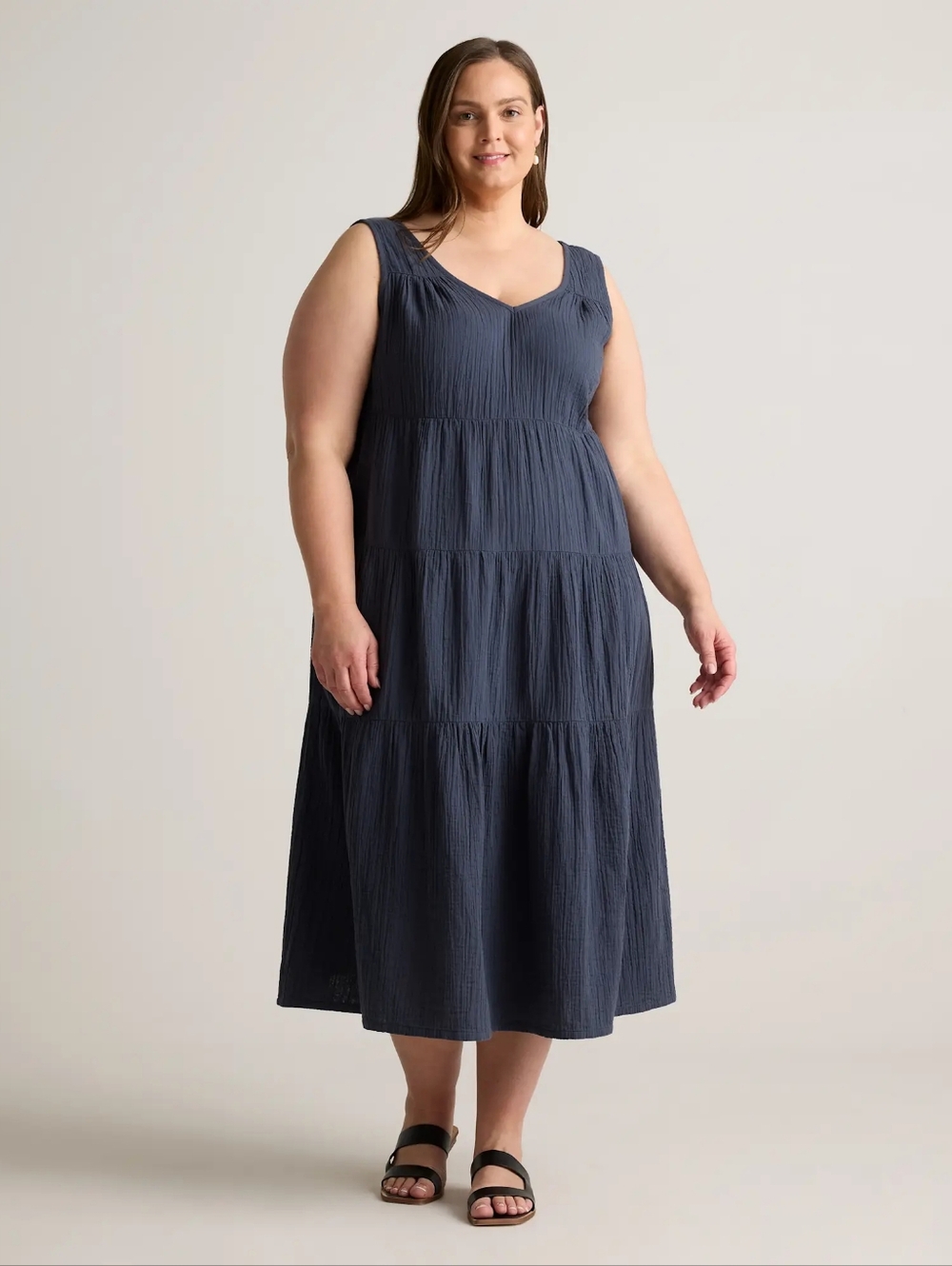 Quince 100% Organic Gsuze Tiered  Maxi Dress Indigo Blue NWT Size Xlarge